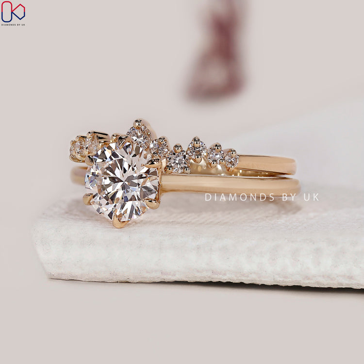 Claw prong setting ring with yellow gold wedding band and Lab Grown Diamond.
