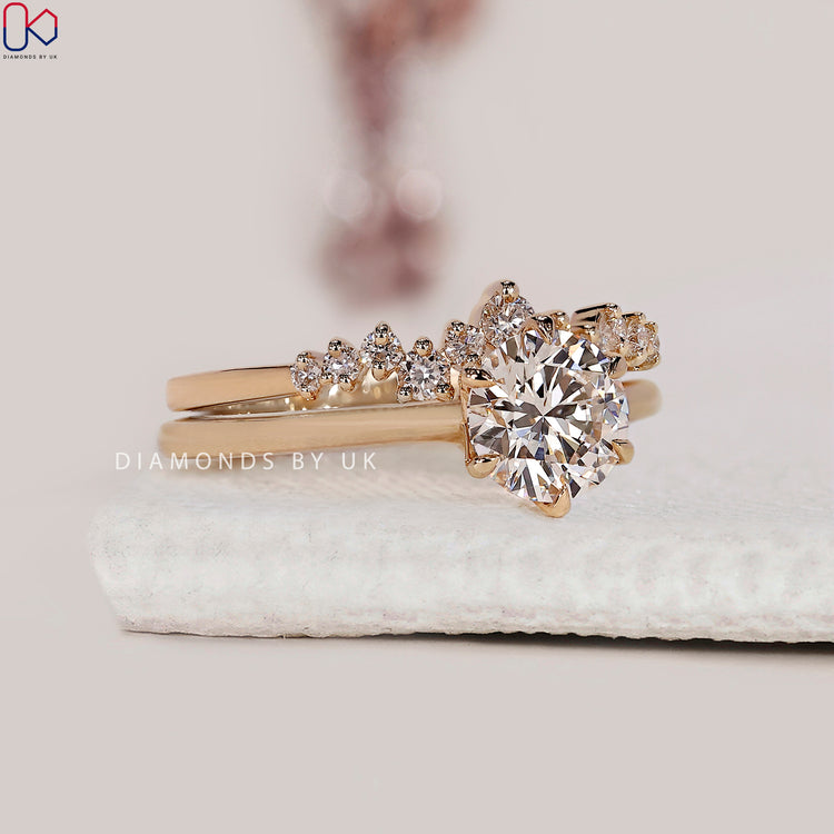 Round diamond wedding band with prong setting band in a custom bridal set.
