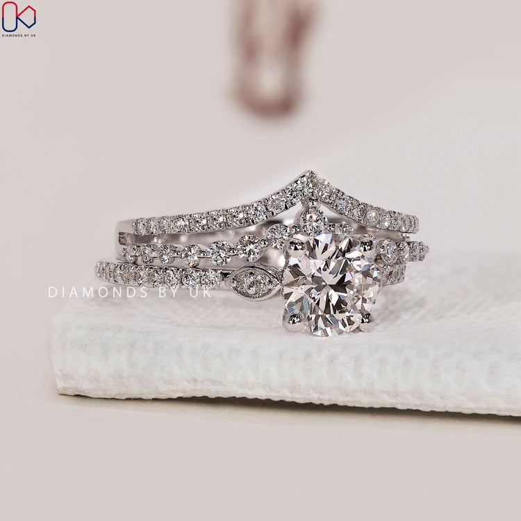 Round diamond wedding band with half eternity diamond band for a bridal set.
