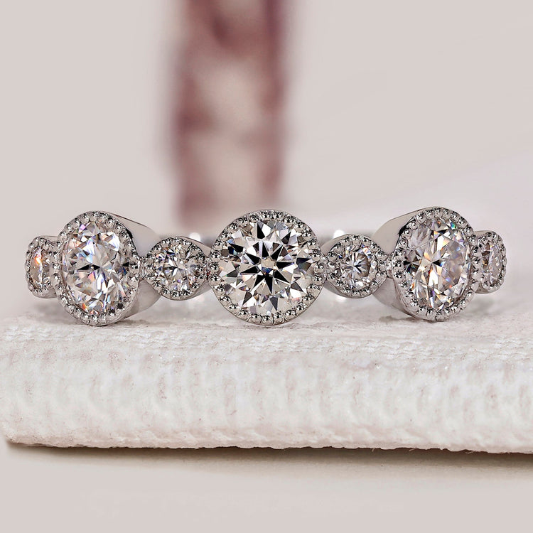 Round Cut Half Eternity Wedding Band with Milgrain Bezel Setting
