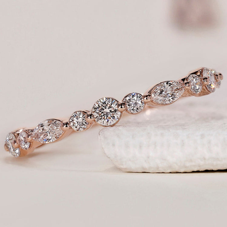 Half eternity diamond wedding band with shimmering lab grown diamonds.
