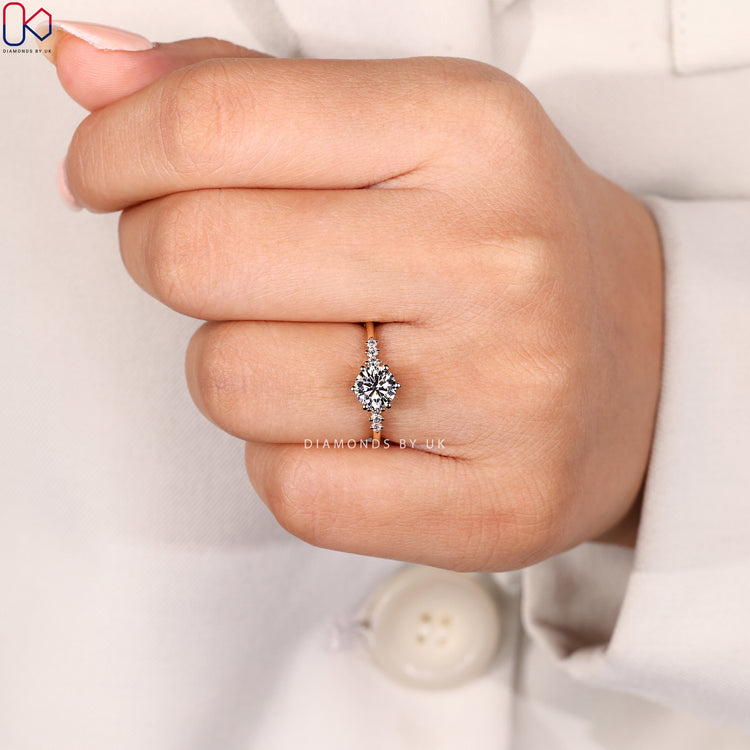 Round cut ring with secure prong setting style.