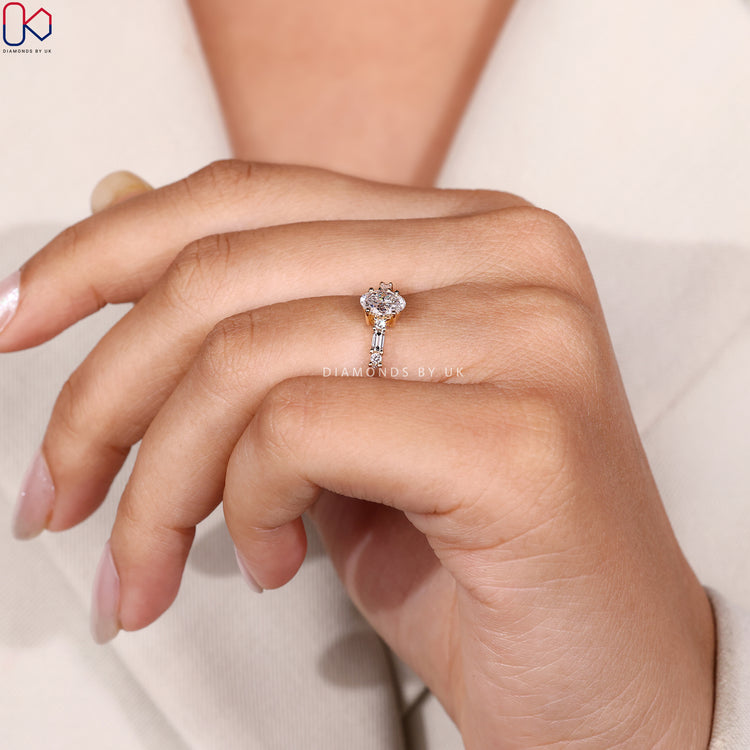 Lab grown oval ring with four prong setting.
