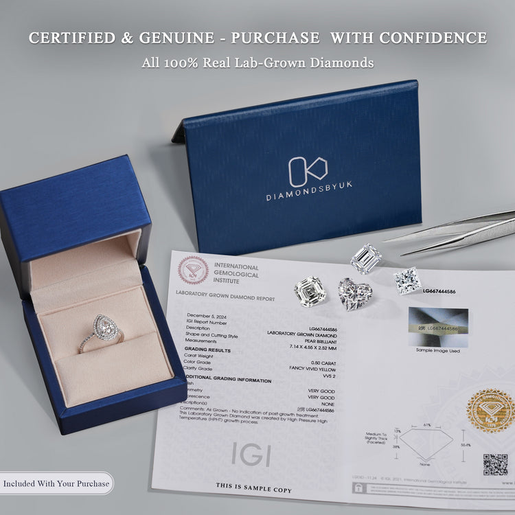 Lab-grown diamond ring in a blue box, displayed with a Certificate of Authenticity, DiamondsByUK cardholder, tweezers, and loose lab-grown diamonds in various cuts.