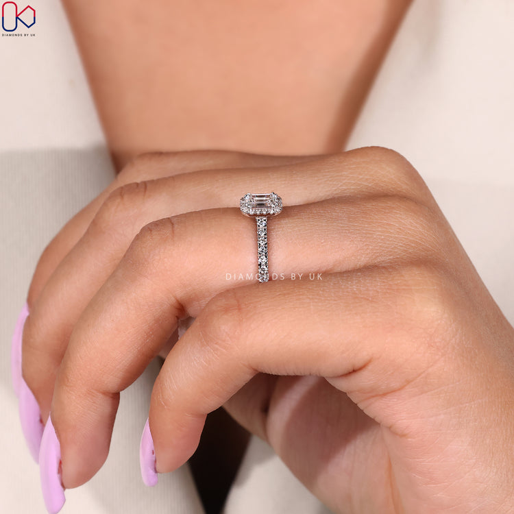 Round cut pave band ring with lab grown diamonds.
