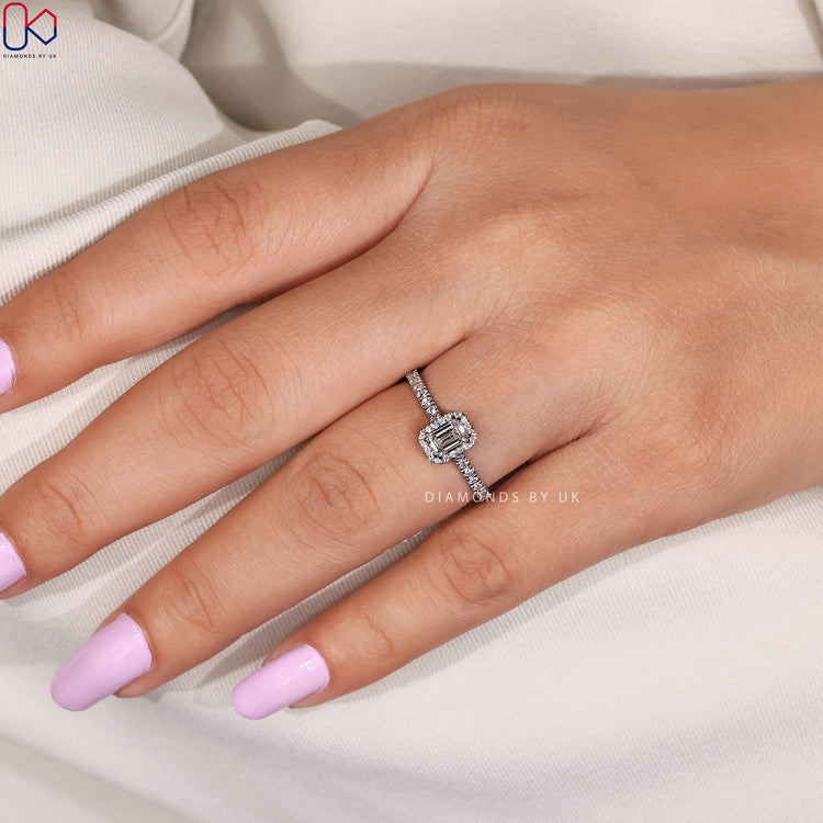 Pave setting engagement ring with round cut diamonds.
