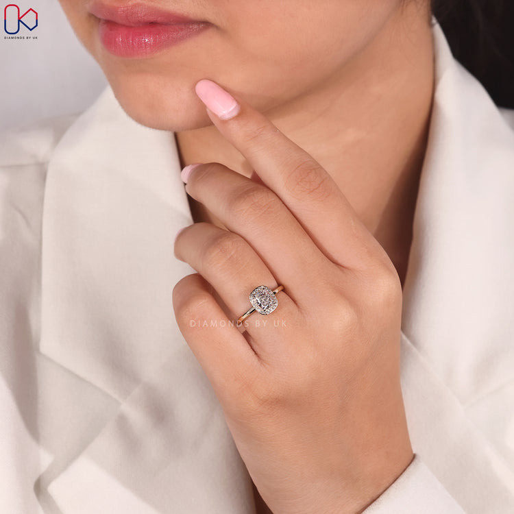Halo diamond ring with hidden halo design.
