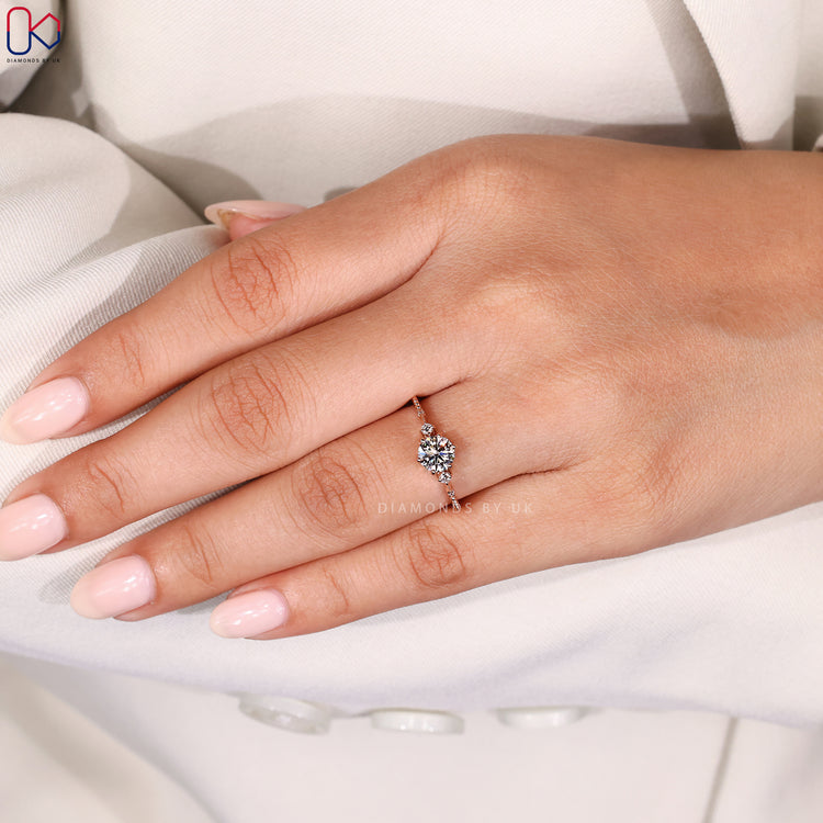 Lab grown round diamond engagement ring.
