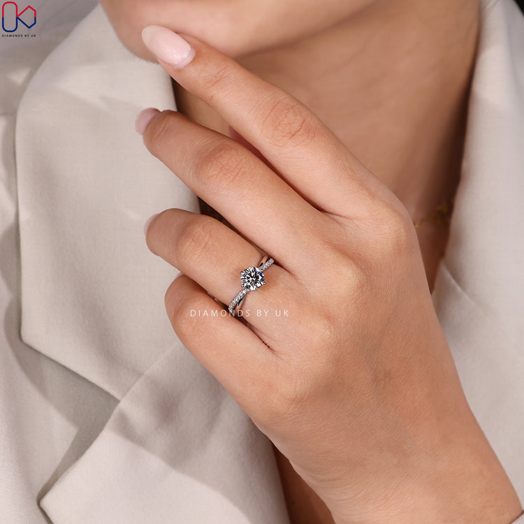 Lab grown diamond ring with white gold twisted shank.
