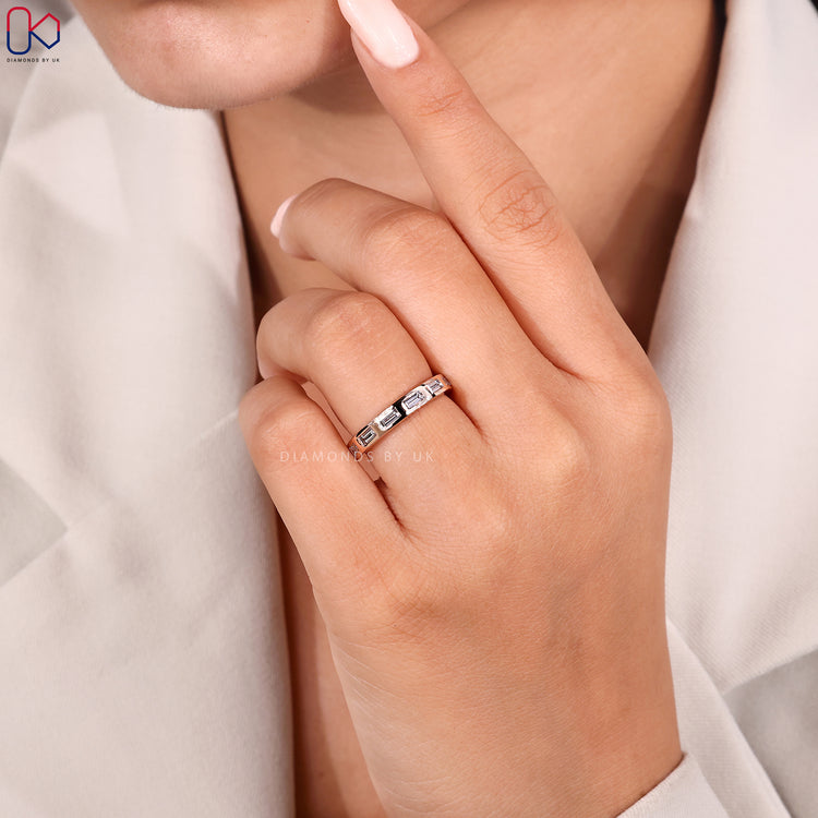 3/4 eternity wedding band in rose gold.
