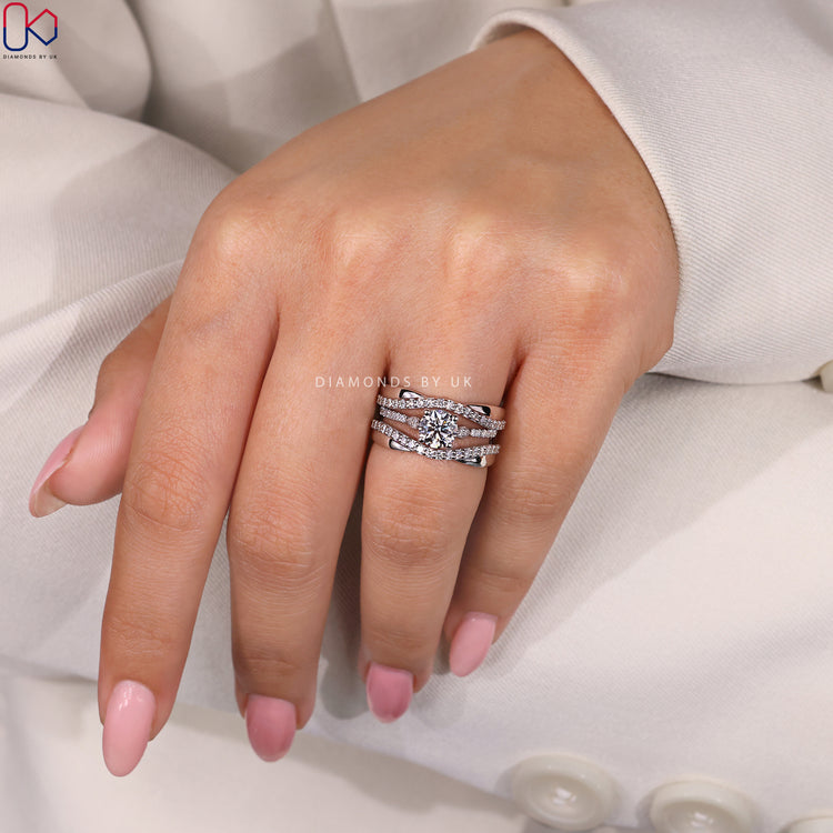 White gold bridal set with matching rings.
