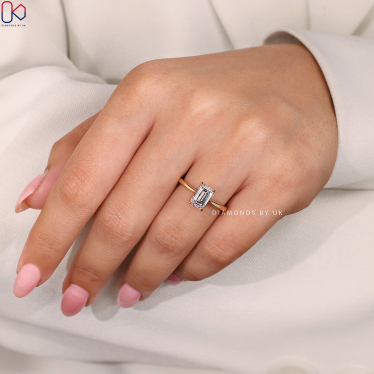 Customize ring with lab-grown emerald cut diamond.
