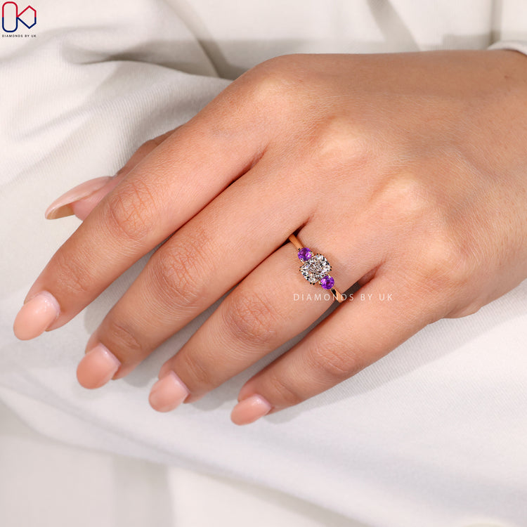 Yellow gold ring with elongated cushion cut diamond.
