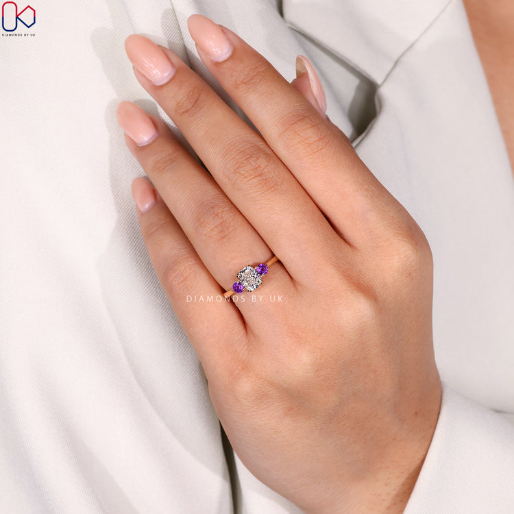 Lab grown elongated cushion cut diamond engagement ring.
