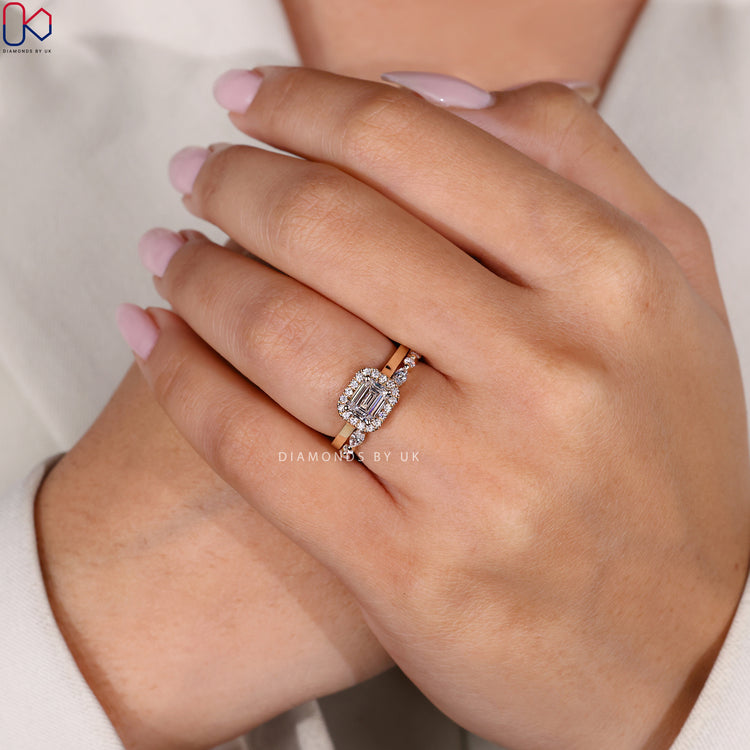 Shared prong wedding band with diamonds along the band.
