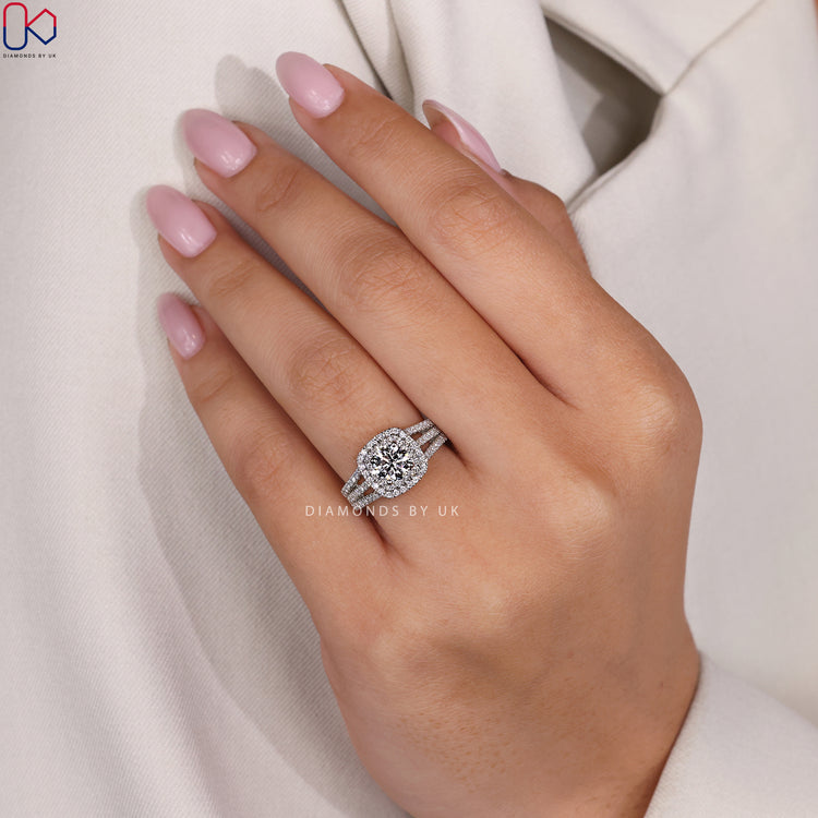 Double halo lab grown diamond ring set in polished white gold for maximum shine.