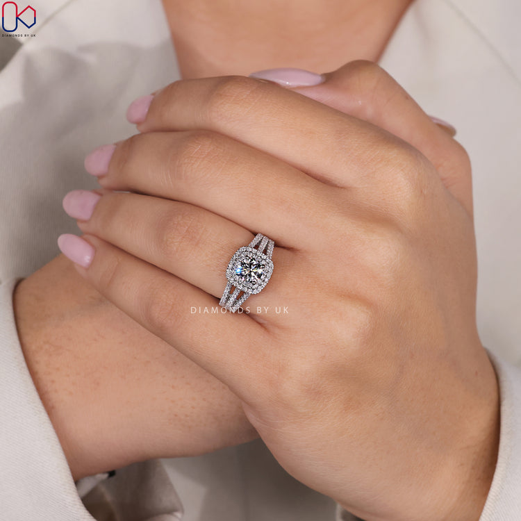Buy engagement ring with a double halo and secure prong set round lab diamond.