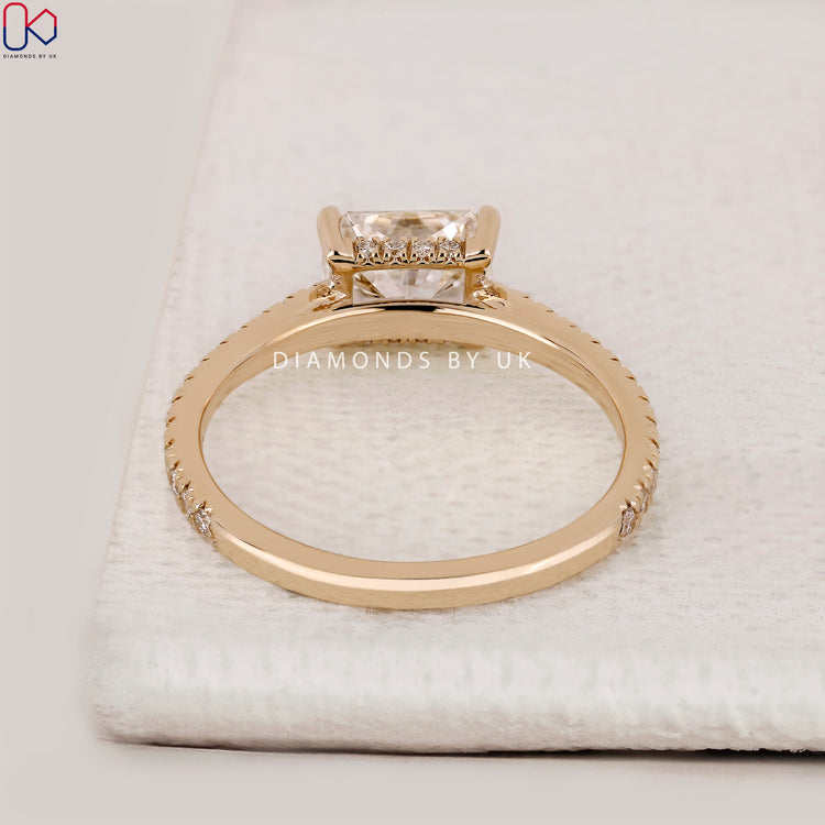 IGI Certified radiant cut hidden halo diamond ring.