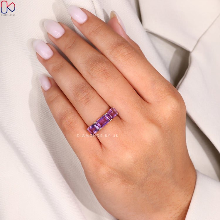 DiamondsbyUK handcrafted three stone amethyst ring