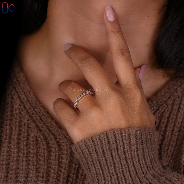 Marquise and round diamond band featuring custom alternating lab grown diamonds.
