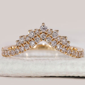 Round Cut Yellow Gold Wedding Band Chevron Style