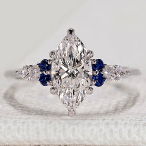 Marquise Diamond Ring with Round Blue Sapphire