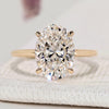 Oval cut engagement ring with hidden halo round diamonds.
