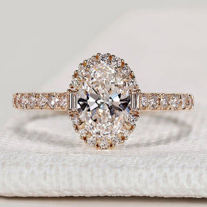 Oval Diamond Ring in Halo Style With Baguette And Round Diamonds