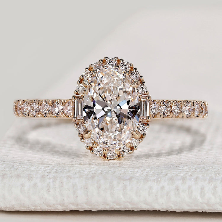 Oval Diamond Ring in Halo Style With Baguette And Round Diamonds