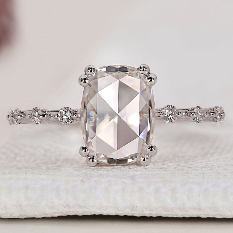 Cushion Rose Cut Diamond Engagement Ring with Distance Pave