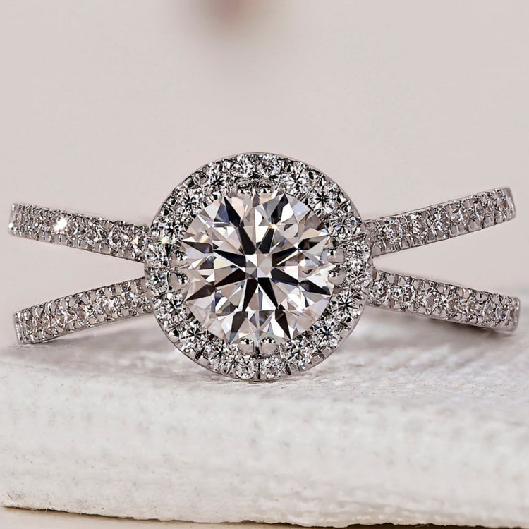 Halo Diamond Engagement Ring - Split Shank Pave Band