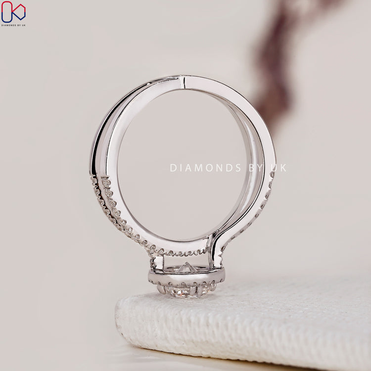 Lab Grown Diamond halo diamond engagement ring with IGI certified moissanite stones.
