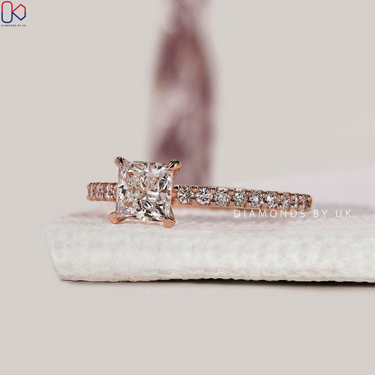 DiamondsbyUK princess cut engagement ring in rose gold.