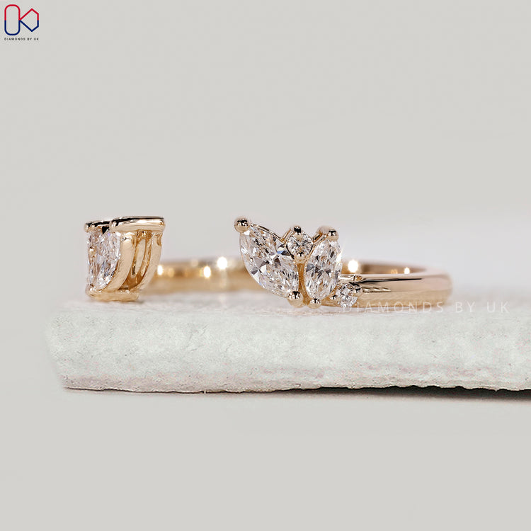 Shared prong wedding band with mixed diamond cuts.
