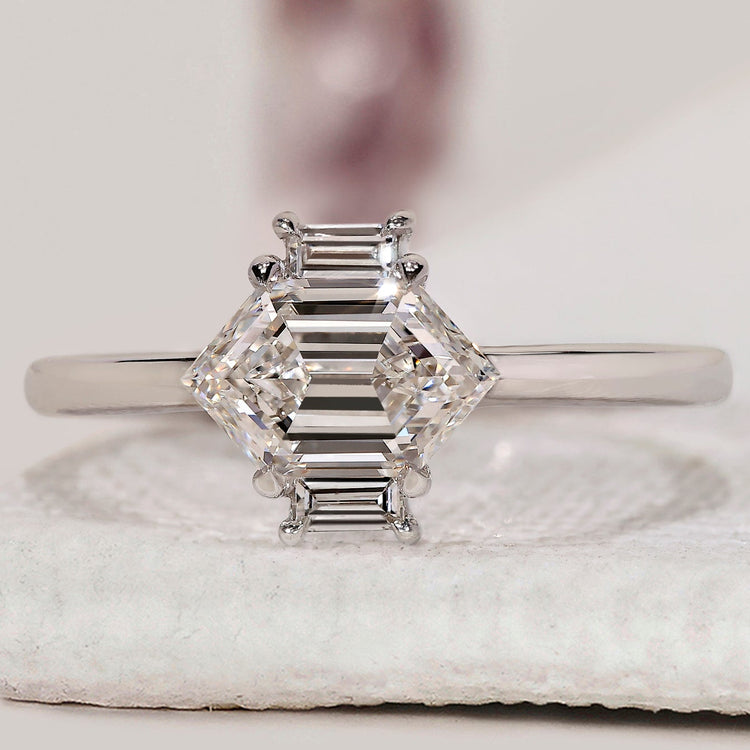 Hexagon Cut East West Diamond Ring In White Gold