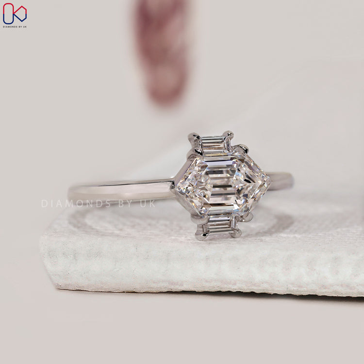 East west hexagon diamond engagement ring.
