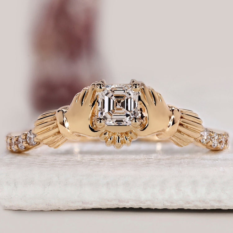 Asscher Cut Gold Claddagh Ring