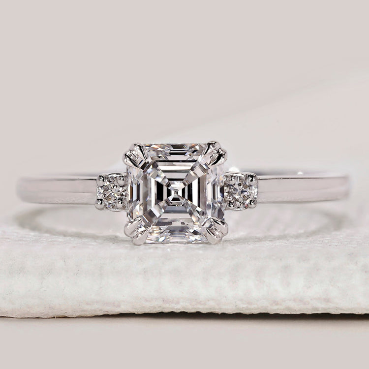 Asscher cut diamond engagement ring in white gold.
