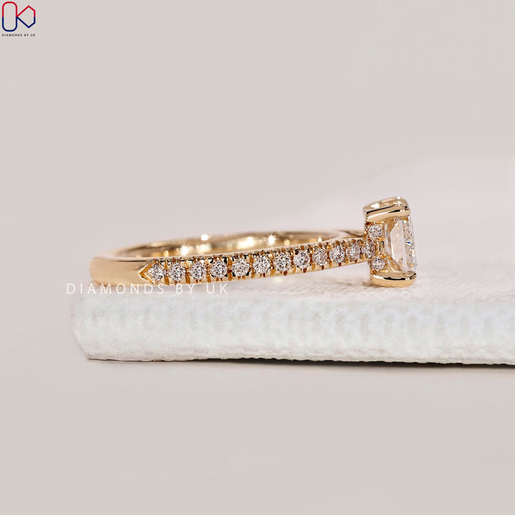 Round cut pave band ring with lab grown diamonds.
