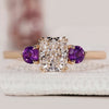 Elongated cushion cut diamond ring in yellow gold.
