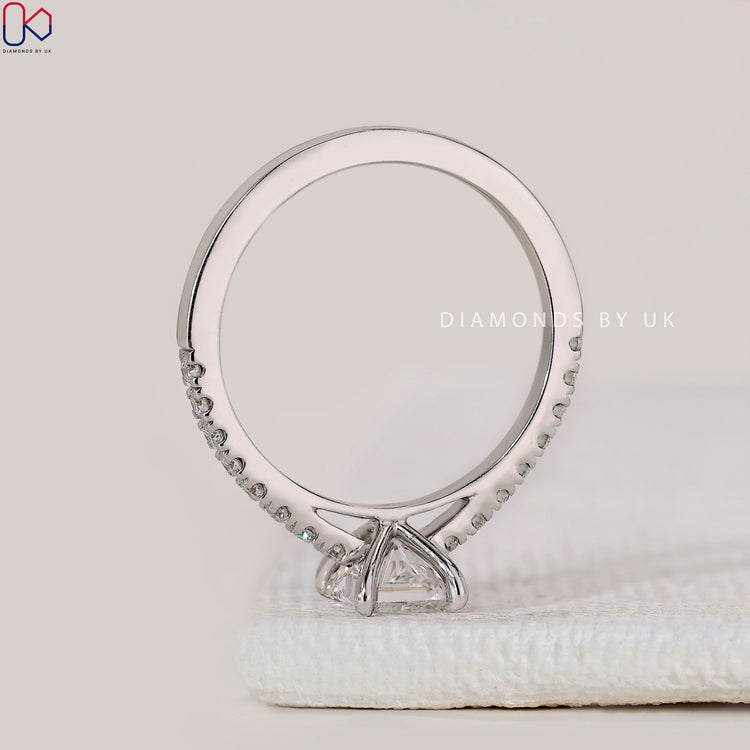 Custom handmade white gold engagement ring with pave setting.
