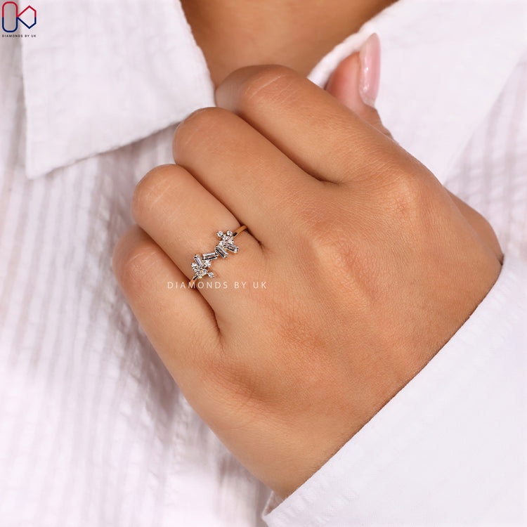 Lab grown diamond ring with baguette and round combination.
