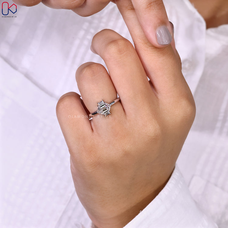 White gold hexagon diamond engagement ring.
