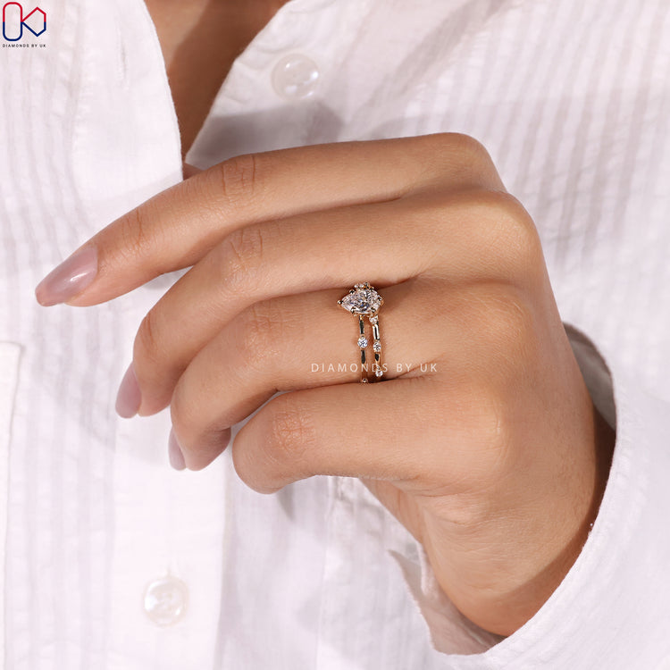 Distance pave set ring with a shimmering diamond finish.

