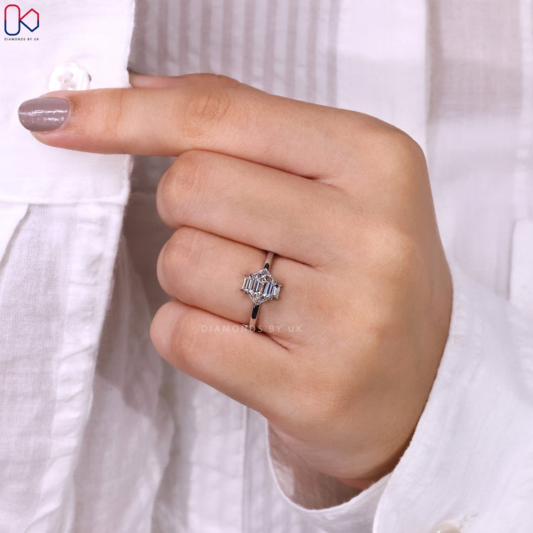 Custom hexagon diamond ring handcrafted in white gold.
