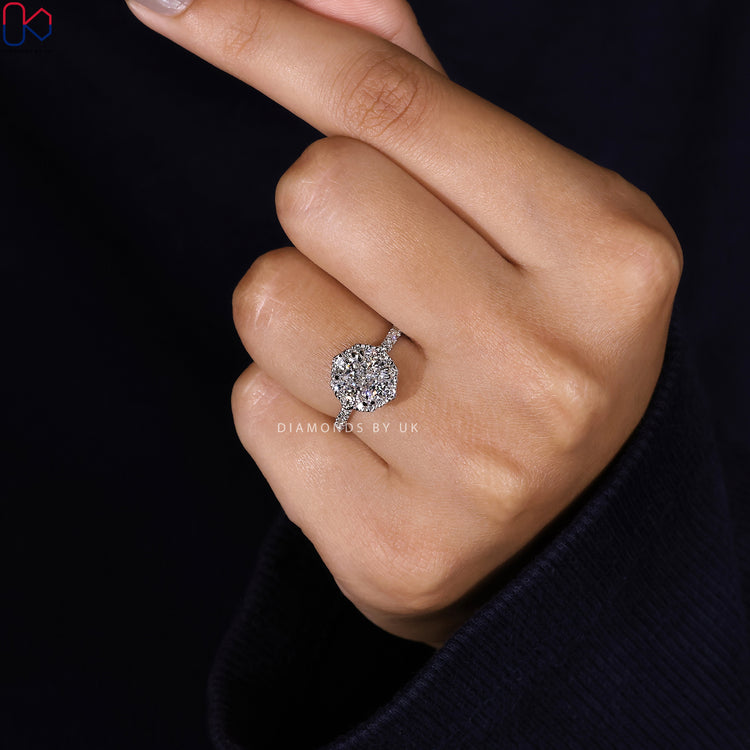 Halo set ring and diamond engagement ring.
