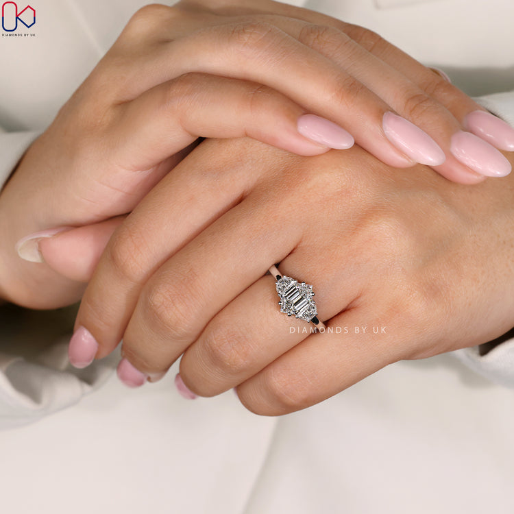 Side Half Moon Diamond Ring in white gold with a prong setting, perfect for a modern, vintage-inspired engagement.
