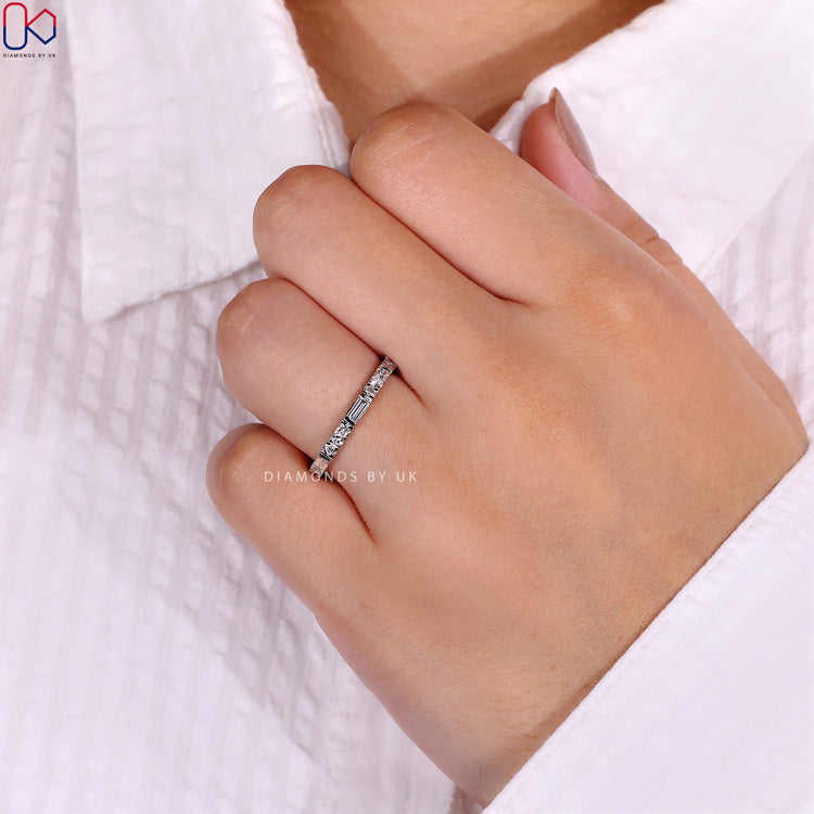 Baguette and Round Wedding Band combining unique cuts for a sophisticated look.