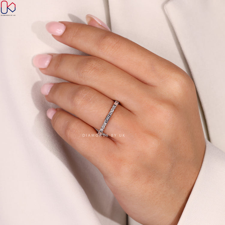 Round and baguette diamond band for daily wear.
