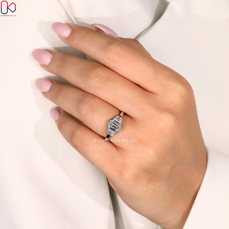 Buy Engagement Ring featuring a Hexagon Cut Diamond in white gold, prong setting, and modern elegance.
